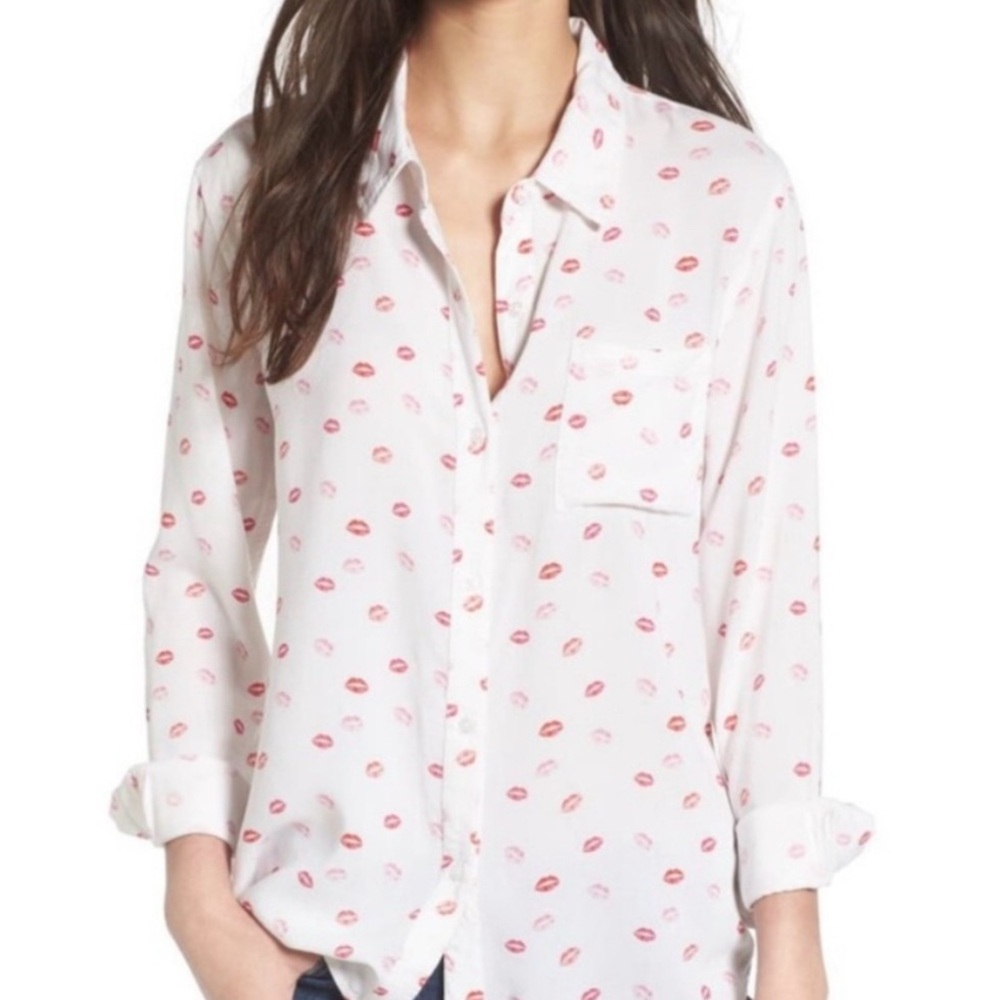 Rails Rocsi Kiss Me Lipstick All Over Print Button Up Blouse Feminine Preppy